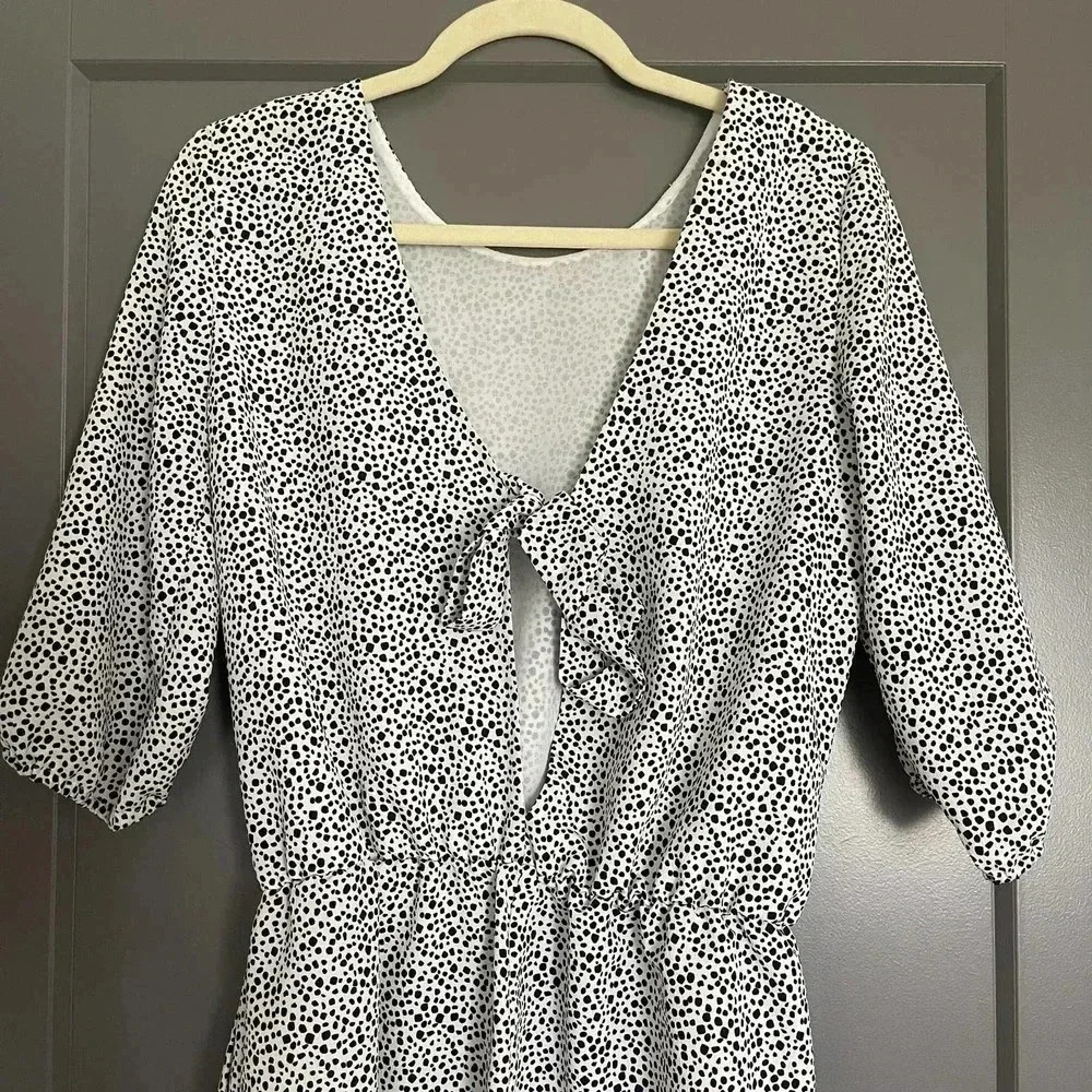 Zara Dots Print V-Neck Elbow Sleeve Open Back Romper White Black Size S - Picture 10 of 12